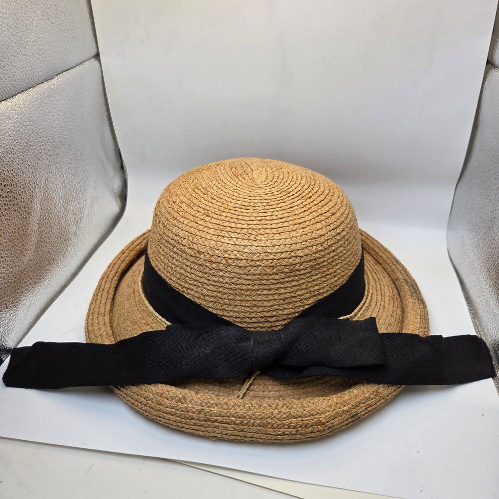 Callanan Straw Boater Hat Black Ribbon Bow Flat Crown Summer Skimmer OS